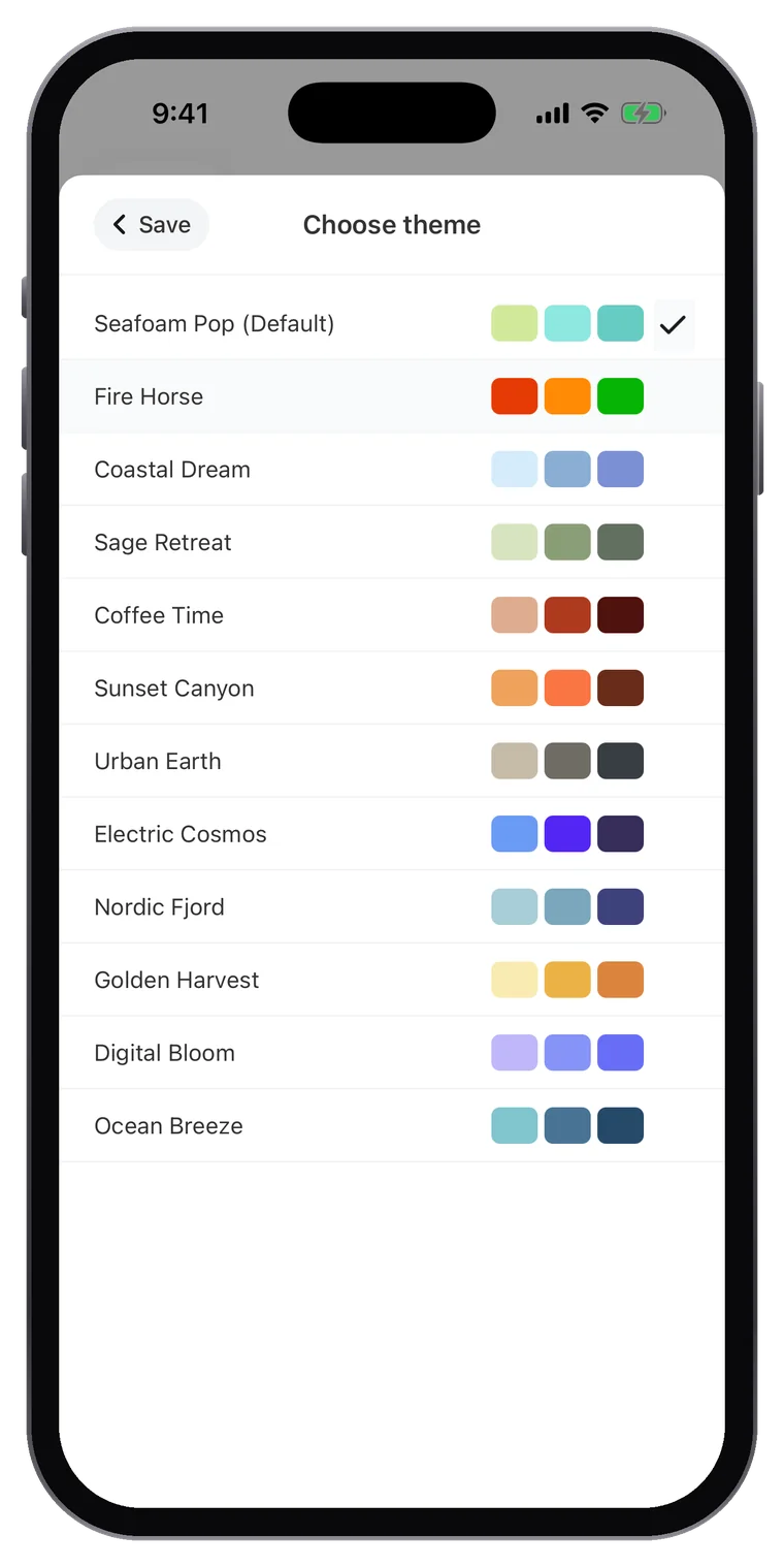 Bloom Tracker theme palette screen